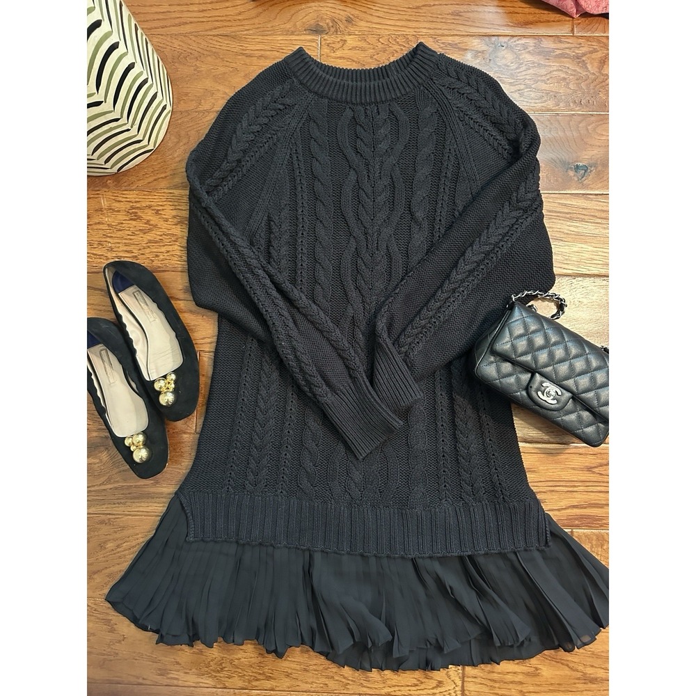 Anthropologie Delphine Sweater Twofer Mini Dress Black Cable Knit Pleated S